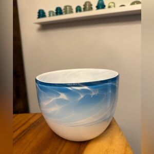 Handblown Glass Bowl signed in Brooklyn at Urban Glass blue & white NEW